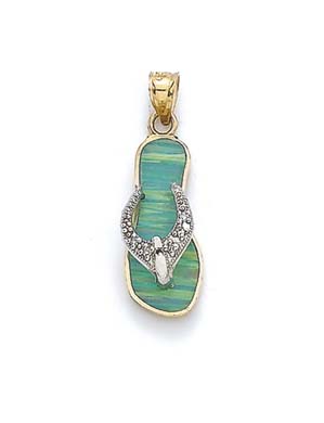 
14k Two-Tone Light Green Simulated Opal Flip-Flop and Diamond Pendant
