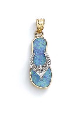 
14k Two-Tone Gold Light Blue Simulated Opal Flip-Flop and Diamond Pendant
