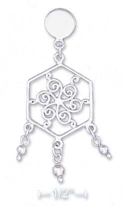 
Sterling Silver 3/4I Hexagon Earrings Inscribed Flower 3 Dangle Bead Post
