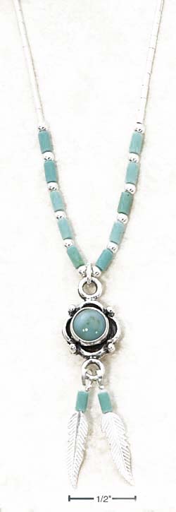 
Sterling Silver 16I LS Necklace Simulated Turquoise Heshi Turquoise Concho Feather
