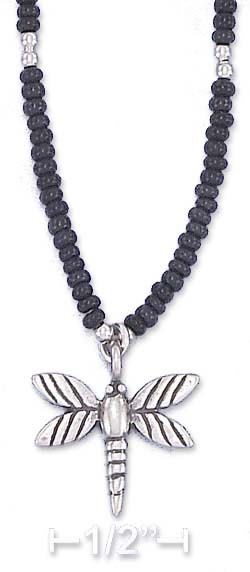 
Sterling Silver 16I Choker Black Pony Beads Ant Center Dragonfly Pendant
