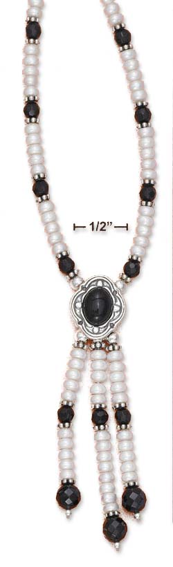 
SS 16-18 In Adj. Simulated Onyx Freshwater Cultured Pearl Necklace With Cabochon 3 Tassels
