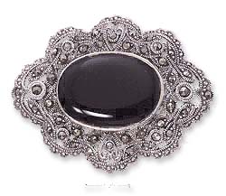 
Sterling Silver 18 X 30mm Side Simulated Onyx Pin Scalloped Marcasite Border - 2 In
