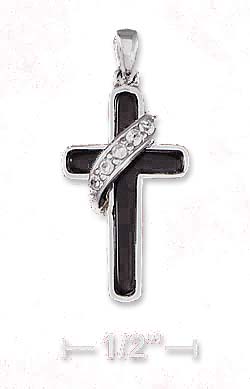 
Sterling Silver 1 In Black Simulated Onyx Cross Pendant With Cubic Zirconia Banner
