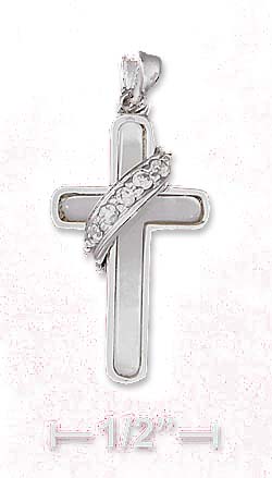 
Sterling Silver 1 In Simulated Mother of Pearl Cross Pendant Cubic Zirconia Banner
