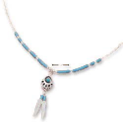 
Sterling Silver 16 In LS Necklace Simulated Turquoise Bear-paw Feather
