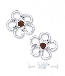 
Sterling Silver 1/2 In. Flower Post Earrings With Simulated Garnet Center
