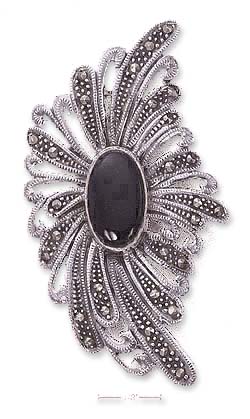 
Sterling Silver 10 X 16mm Simulated Onyx Marcasite Bursting Flower Pin
