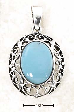 
Sterling Silver Large Oval Simulated Turquoise Filigree Edging Pendant
