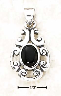 
Sterling Silver Scrolled Design With Oval Simulated Onyx Stone Pendant
