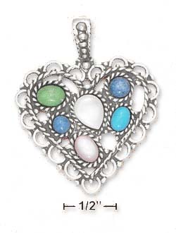 
Sterling Silver 35mm Lacy Multi Stone Antiqued Heart Pendant
