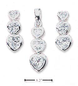 
Sterling Silver Triple Graduated Drop Earrings Pendant Set With Heart Cubic Zirconias
