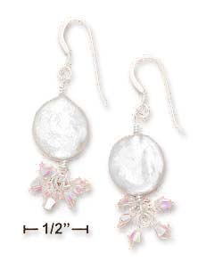 
Sterling Silver 12mm White Coin Freshwater Cultured Pearl Earrings With Clear Crystal Dangles
