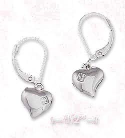 
Sterling Silver Puffed Heart Leverback Earrings 2mm Cubic Zirconia Inset

