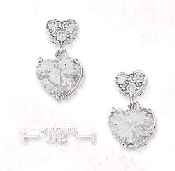 
Sterling Silver Small Pave Cubic Zirconia Heart Atop Of Cubic Zirconia Heart Post Dangle Earrings
