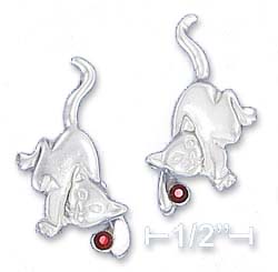 
Sterling Silver Playful Kitty Post Earrings With Dangling Paw Red Cubic Zirconia Ball
