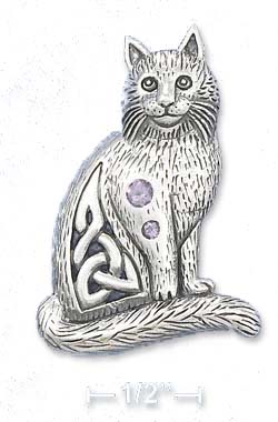 
Sterling Silver 1.5 Inch Celtic Cat Pendant With 2mm 3mm Amethyst Stones
