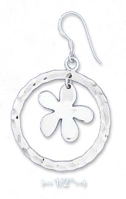 
Sterling Silver Hammered 1 Inch Open Circle Earrings With Flower Inside
