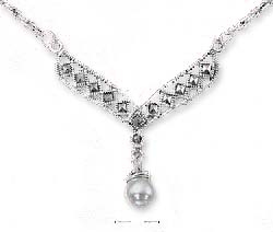 
Sterling Silver 16 Inch Marcasite Synth Freshwater Cultured Pearl Drop Necklace
