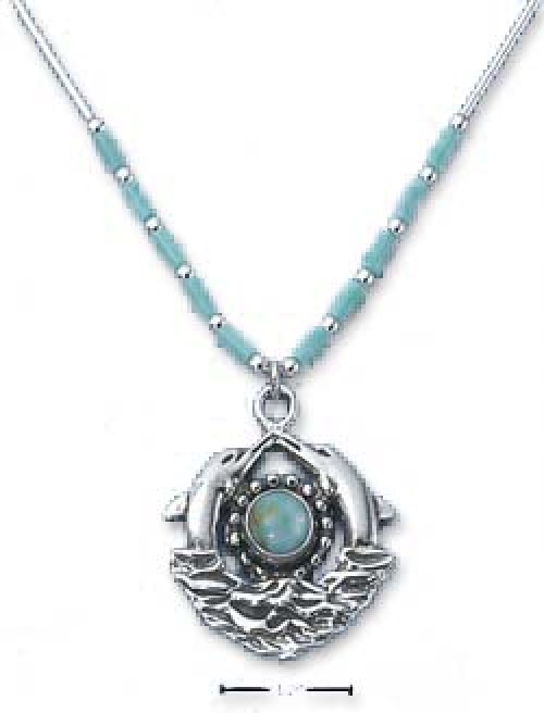 
Sterling Silver 16 Inch LS Necklace With Simulated Turquoise Dolphins 
