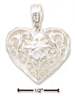 
Sterling Silver 18mm Sparkle-Cut Filigree Heart With Center Flower Charm
