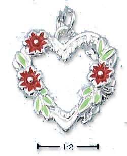 
Sterling Silver Enamel Heart Red Flowers Green Leaves Charm
