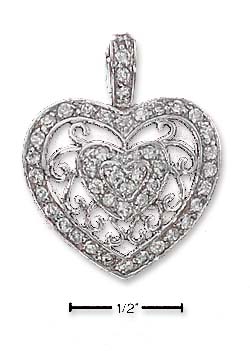 
Sterling Silver Pave Cubic Zirconia Heart Charm With Filigree Band Ring
