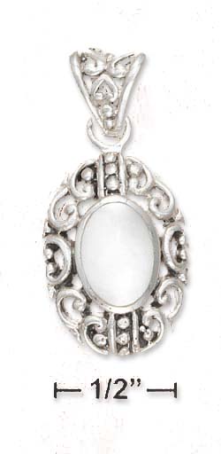 
Sterling Silver 9x13mm Simulated Mother of Pearl Pendant With Filigree Border Bail
