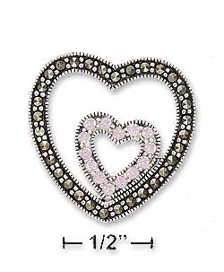 
Sterling Silver Marcasite Heart Inscribed Pink Cubic Zirconia Heart Charm (No Chain)
