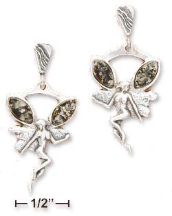 
Sterling Silver Fairy With Green Amber Post Dangle Earrings
