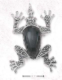 
Sterling Silver Marcasite Frog Pendant With Simulated Onyx Body Stone Eyes
