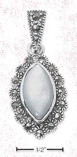 
Sterling Silver Simulated Mother of Pearl Pendant Scalloped Marcasite Border Bail
