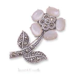 
Sterling Silver Marcasite Flower Pin Simulated Mother of Pearl Petals
