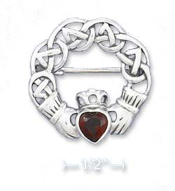 
Sterling Silver Celtic Design Claddaugh With Simulated Garnet Center Pin
