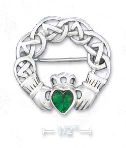 
Sterling Silver Celtic Design Claddaugh Green Cubic Zirconia Center Pin
