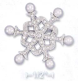 
Sterling Silver 34mm 6 Pointed Cubic Zirconia Snowflake Pin 5mm Simulated Pearl Tips
