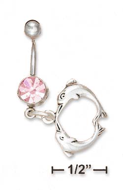 
Sterling Silver Belly Ring With Pink Ice Gemstone Kissing Dolphin Dangle
