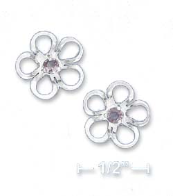 
Sterling Silver 1/2 Inch Flower Post Earrings Simulated Amethyst Center
