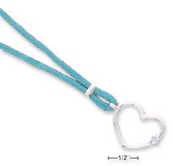 
Sterling Silver 20 Inch Aqua Blue Cord With Open Heart Blue Cubic Zirconia Necklace
