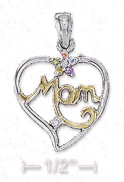 
Sterling Silver Two-Tone 17mm Mom Open Heart Pendant Cubic Zirconia Gemstone Flower
