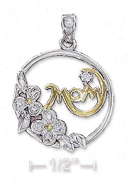 
Sterling Silver Two-Tone 20mm Round Mom Cubic Zirconia Flowers Pendant
