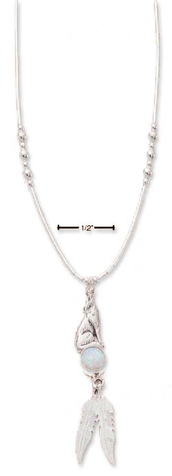 
Sterling Silver 16 Inch LS Necklace With Howling Wolf Lab Simulated Opal Feathers
