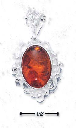 
Sterling Silver Cabochon Amber Pendant With Fancy Scroll Border
