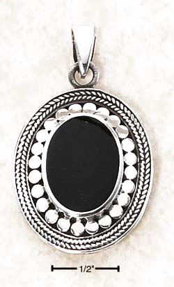 
Sterling Silver Simulated Onyx Pendant With Wide Roped Beaded Border
