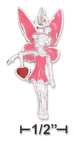 
Sterling Silver Pink Enamel 30mm Fairy Charm Holding A Red Enamel Heart
