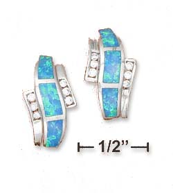 
Sterling Silver Simulated Blue Simulated Opal Curved Bar Post Earrings Cubic Zirconia Accents

