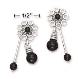
Sterling Silver Cabochon Simulated Onyx Floral Post Earrings With Onyx Drop Beads
