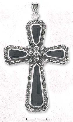 
Sterling Silver Large Marcasite Cross Simulated Onyx Accents
