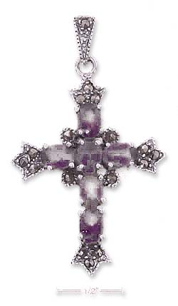 
Sterling Silver Simulated Amethyst Marcasite Cross Pendant
