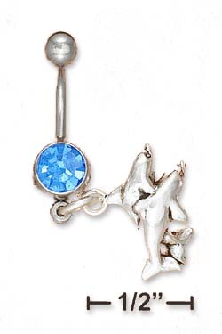 
Sterling Silver Belly Ring With Sapphire Gemstone Double Dolphin Dangle
